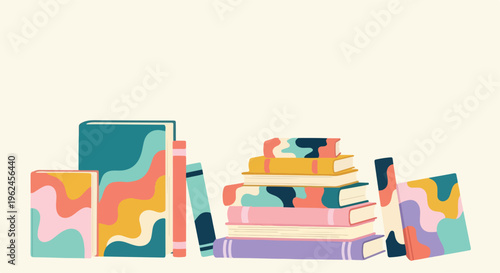 Colorful illustration of stacked books and notebooks on World Book Day with a playful and educational mood