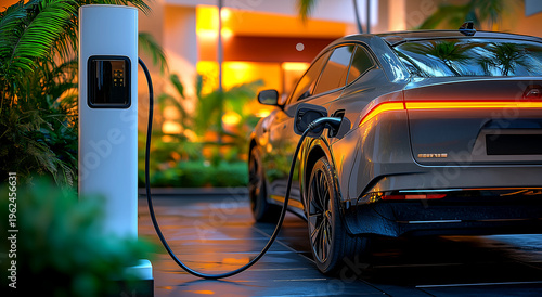 Modern grey electric SUV charging at a tropical resort at sunset