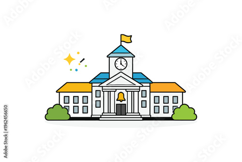 Illustrated depiction of a grand city hall building with a clock tower and flag