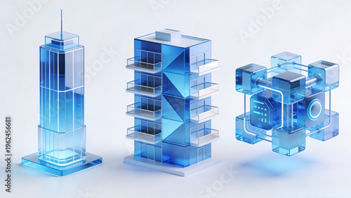 Abstract 3d blue glass ice cubes isolated on a white background create a liquid energy concept illustration for a business computer symbol or icon