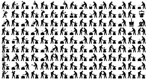 Heavy Metalworker Silhouettes Set Pack. Editable Vector Stroke Illustration. featuring blacksmith, smith, forge, anvil, hammer, metal, iron, steel, craft, trade, industry, worker more