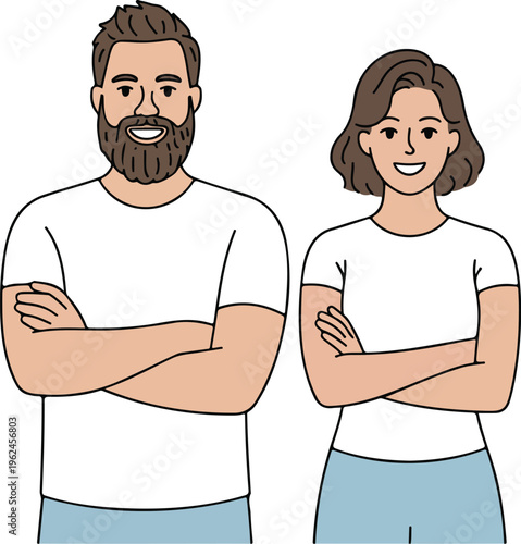 Vector illustration of happy couple, young man and woman standing together smiling, cheerful pair on white background