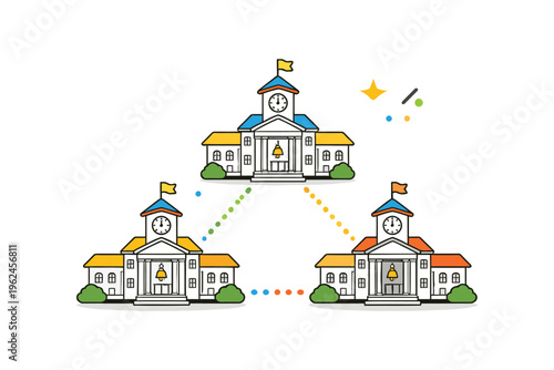 Three interconnected town halls with synchronized clocks and colorful network lines