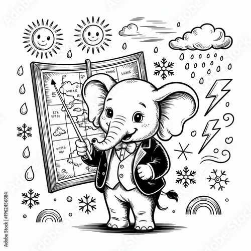 Black and White Whimsical Elephant Weather Forecaster Illustration, Adorable Storybook Elephant Meteorologist Line Art, Decorative Animal Weather Design