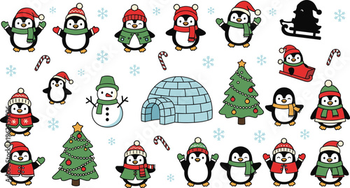 Cute Christmas Penguin Cartoon Set with Santa Hats Snowman Igloo Tree and Winter Holiday Elements for Kids Illustration and Festive Design Projects
