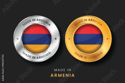 High-quality gold and silver metallic badges featuring the tricolor flag of Armenia. Premium vector seal for Armenian export, manufacturing, and international trade origin branding.