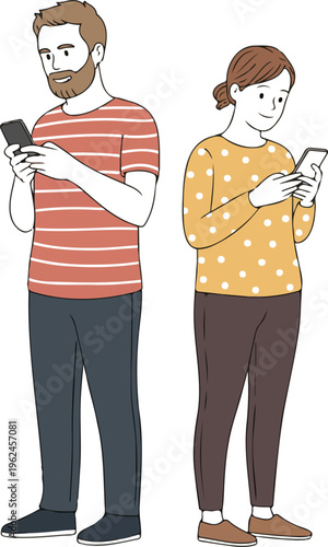 Vector illustration of man and woman using smartphones, modern people communicating, browsing, and staying connected with mobile devices