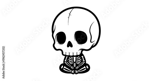 A black and white illustration of a skull sitting in a meditative pose.