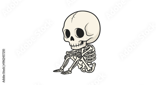 A sitting skeleton in a contemplative pose.