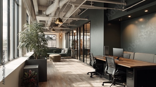 Modern Office Interior with Natural Light and Lush Greenery.