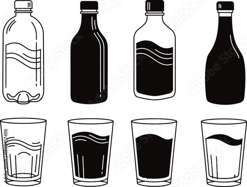 Illustration of bottles and glasses with liquids