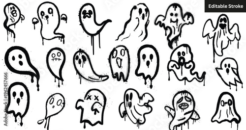 Graffiti Ghost Icons Vector Set Dripping Spray Paint Abstract Shapes Editable Stroke.