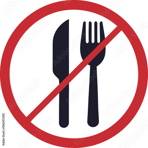 No eating sign with crossed fork and knife in red circle ,no food allowed symbol