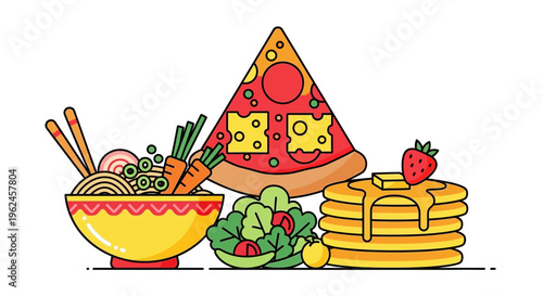 Colorful food illustration featuring pizza, salad, and pancakes  
