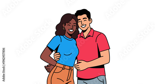 Young couple smiling and embracing in colorful casual clothing  