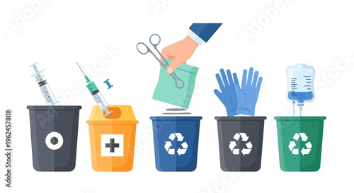 Medical Waste Segregation and Recycling Illustration: Safe Disposal of Sharps, Biohazard, and Hospital Supplies in Color-Coded Bins.