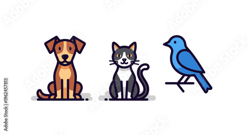 Dog, cat, and bird illustrations in colorful flat design style  