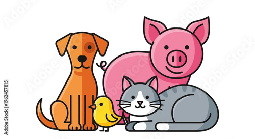 Cartoon animals including dog, cat, pig, and bird sitting together  