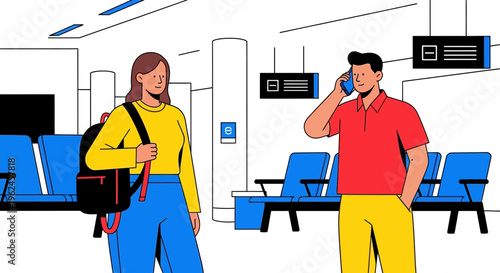Two travelers interacting in modern airport terminal setting  