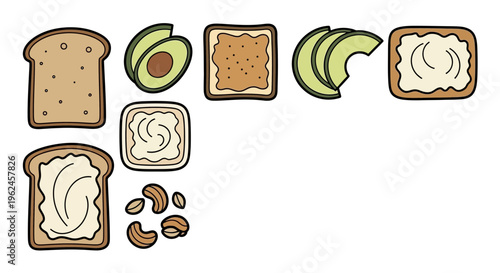 Avocado toast ingredients arranged on a white background  