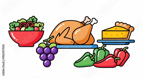 Fresh food spread with salad, chicken, fruit, and pie on table  