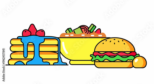 Colorful illustration of pancakes, salad, and burger on white background  