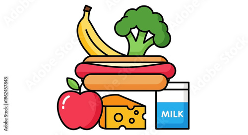 Variety of colorful food items including fruits, vegetables, and milk  