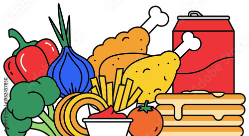 Assorted fast food items including chicken, fries, and vegetables  