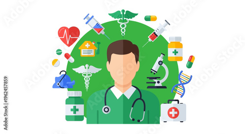 Healthcare Professional Surrounded by Medical Icons - Doctor, Syringes, Pills, DNA, Stethoscope, First Aid Kit for Comprehensive Health