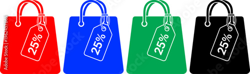 Paper shopping bag with twenty five percent discount tag in four different colors for seasonal sales.