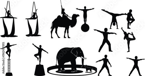Circus performers silhouettes set acrobat aerial silk camel elephant trainer balance acts entertainment show isolated on white background illustration