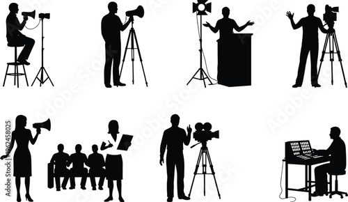 Media production crew silhouettes set with camera operators, director, reporter, lighting setup, broadcast studio scenes for film, television, and video production projects