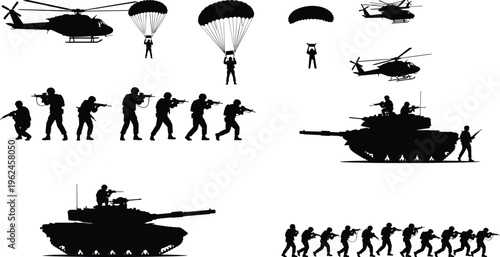 Military army silhouettes set with soldiers, tanks, helicopters and parachute troops, combat forces illustration collection isolated on white background