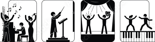 Music and performing arts silhouettes set with singers, pianist, conductor, theater stage, dance performance, and entertainment icons isolated on white background