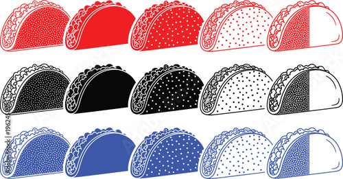 Collection of stylized tacos in red, black and blue colors with varying fill patterns.