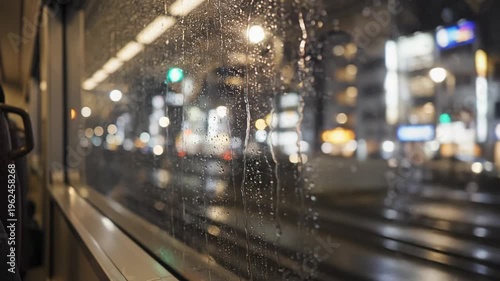 Raindrops on a bus window overlooking city lights at night