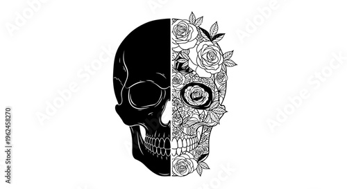 Black and white sugar skull design with roses and flowers.