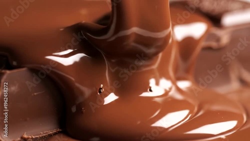 Liquid chocolate pouring over dark chocolate bar macro shot