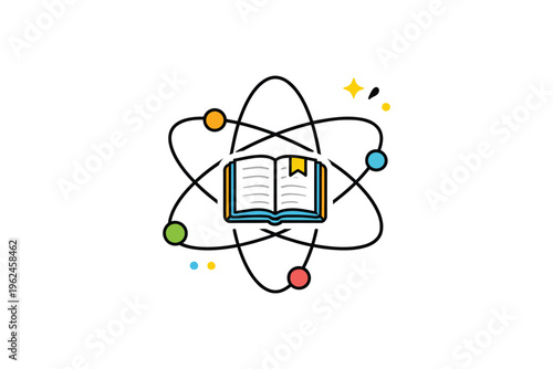 Innovative learning depicted through an atomic structure with a book at its core