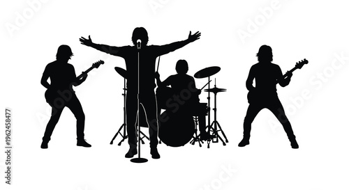 Silhouette of a rock band performing on stage with musical instruments
