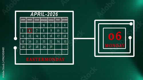 April 2026 Easter Monday Calendar Design Highlighting Fifth Day In Red Within A Technical Grid Layout For Holiday Tracking.