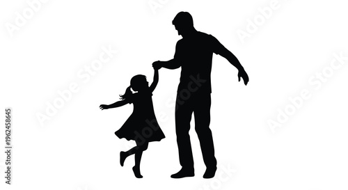 Silhouette of a man and little girl dancing together happily