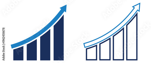 Vector illustration of blue bar charts with curved upward arrows representing business growth success financial data analysis and positive market trends.