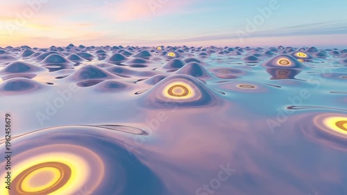 Surreal alien landscape with glowing orbs under pastel sky