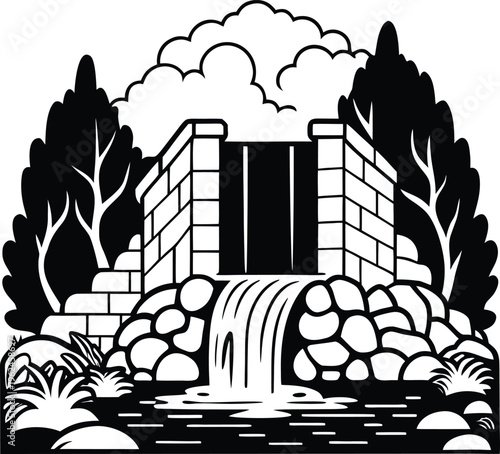 Serene Stone Wall with Cascading Waterfall in Natural Harmony