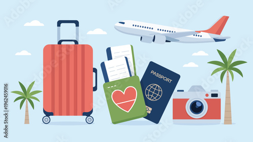 Travel Clipart Set with Suitcase, Airplane, Passport and Vacation Elements Illustration