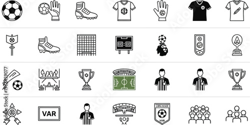 A set of thin line icons showcases different pieces of equipment and symbols related to officiating and playing a game of football.