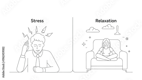 Stress vs Relaxation Line Art Illustration with Work Pressure and Calm Lifestyle Balance Concept