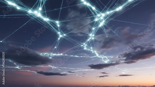 Futuristic glowing data network above sunset clouds