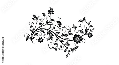 Intricate floral silhouette design with curved stems and leaves on a white background